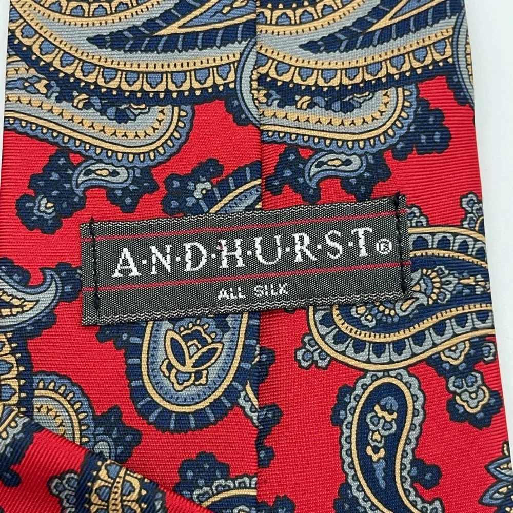 Vintage Andhurst Paisley Necktie Bright Red Blue Gold %100 Silk Made in USA‎ 90s